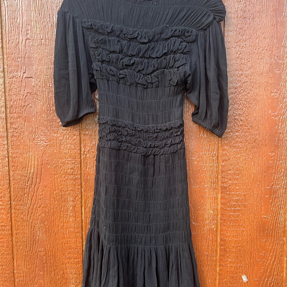 🖤 Tach Black Smocked Ruffle Midi Dress XS Cottagecore Romantic Boho Cotton Blend - Picture 4 of 5